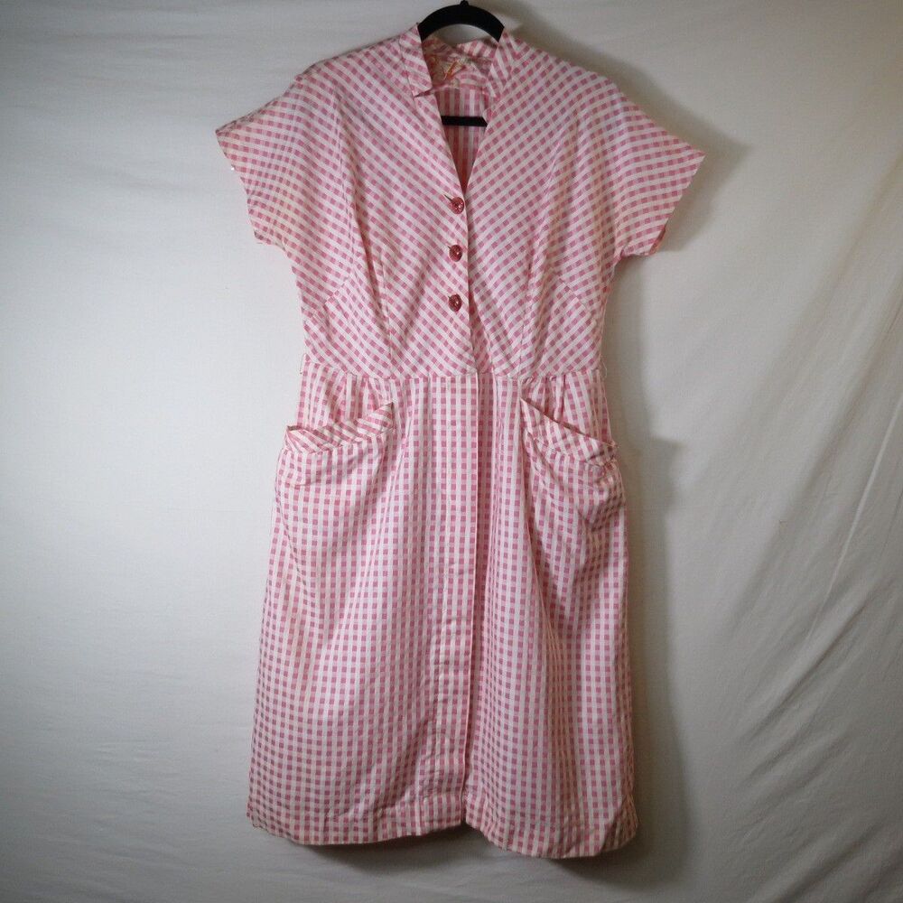 NO‎ BELT VTG Betty Hartford Pink Gingham House Dress Rockabilly 50s A-Line READ